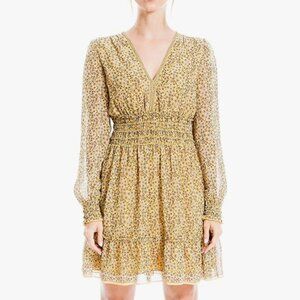 Max Studio Yellow Hippy Boho Peasant Smocked Sun Dress with Long Sleeve Size L